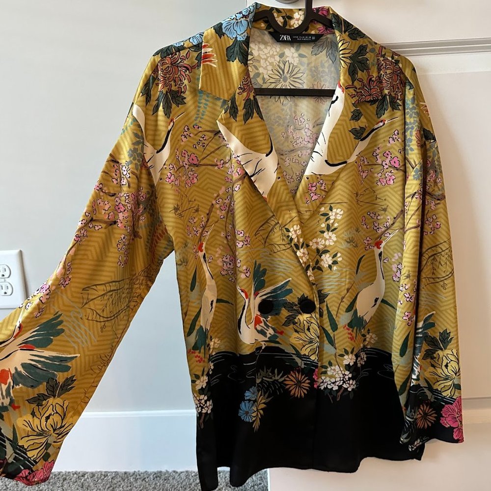 Japanese Inspired Kimono Zara Shirt XS Yellow Black Oriental